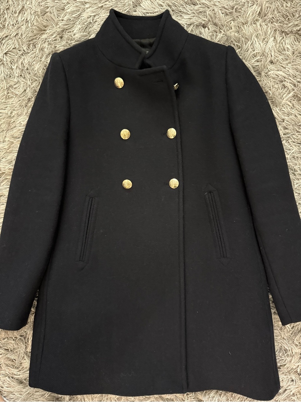 Zara Women's Double-Breasted Black Wool Blend Coat with Gold Buttons